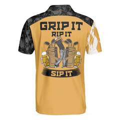 Grip It Rip It Sip It Golf V2 Polo Shirt, Yellow Argyle Pattern Golf Shirt, Skull Golf Shirt Design - Hyperfavor