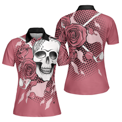 Golf Pink Skull Ladies Short Sleeve Women Polo Shirt, Rose Golf Shirt For Ladies, Cool Female Golf Gift - Hyperfavor