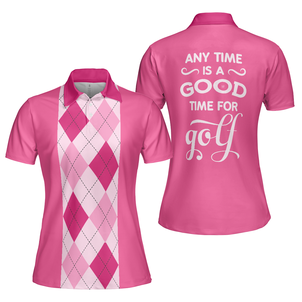 Anytime Is A Good Time For Golf Short Sleeve Women Polo Shirt, Pink Argyle Pattern Golf Shirt For Female Golfers - Hyperfavor