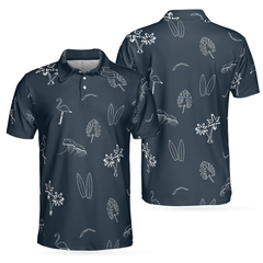 Mini Tropical Icons Polo Shirt, Black And White Tropical Floral Flamingo Polo Shirt For Men - Hyperfavor