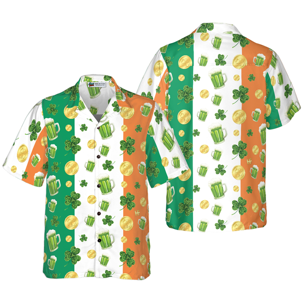 Button Down Short Sleeve Shirt St. Patrick's Day Print Hawaiian Shirts  Green Clover Element Print Tees,Up to 8XL for Couples, Men, Women and Kids  