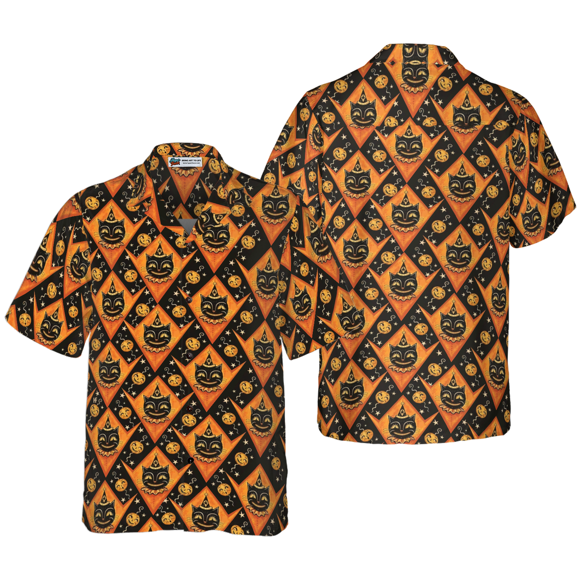 Grinning Black Cats Halloween Hawaiian Shirt For Men, Black And Pumpkin Orange Harlequin Pattern Hawaiian Shirt - Hyperfavor