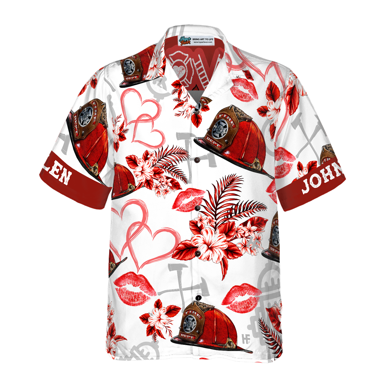 Love Firefighter Helmet Valentine Custom Hawaiian Shirt, Personalized Pink Heart Red Floral Firefighter Hawaiian Shirt For Men - Hyperfavor