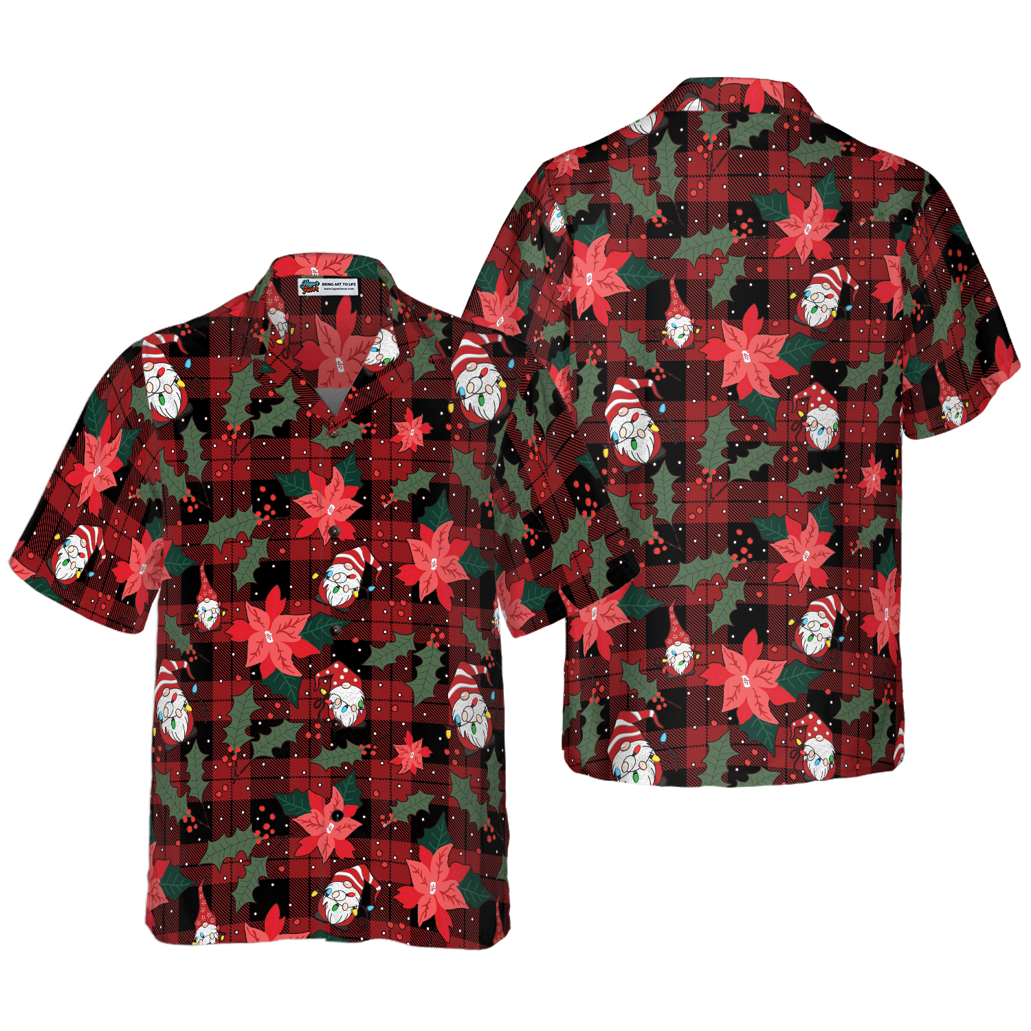 Hyperfavor Christmas Hawaiian Shirts, Gnomes With Red Plaid Pattern Shirt Short Sleeve, Christmas Shirt Idea Gift For Men And Women - Hyperfavor