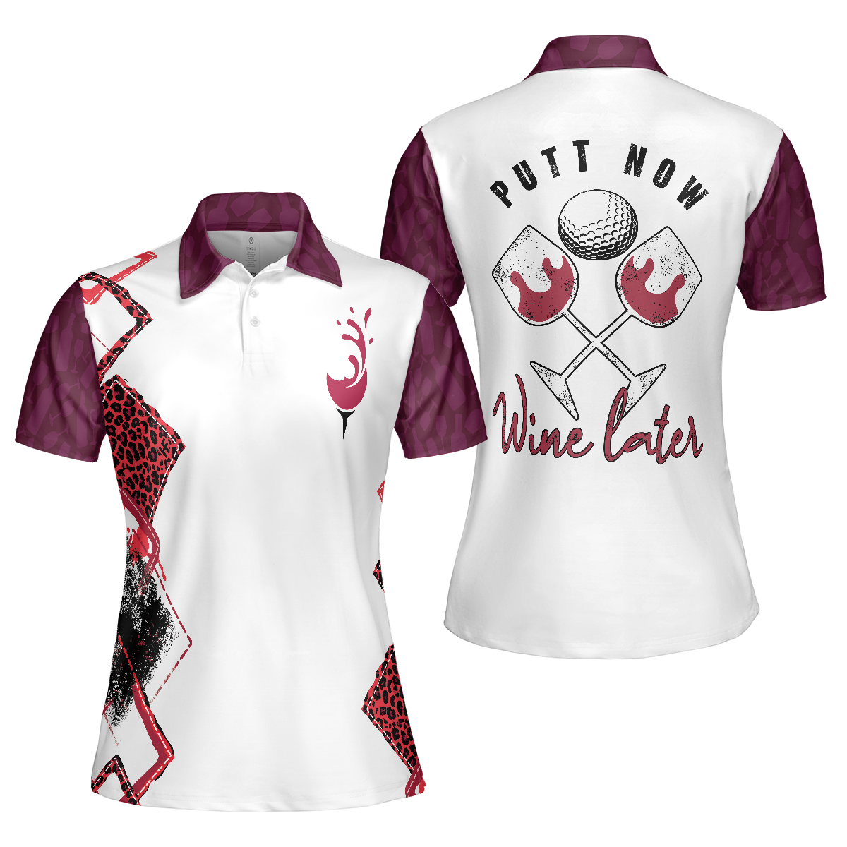 Putt Now Wine Later Elegant Leopard Pattern Golf Short Sleeve Women Polo Shirt, Golf Shirt For Ladies - Hyperfavor