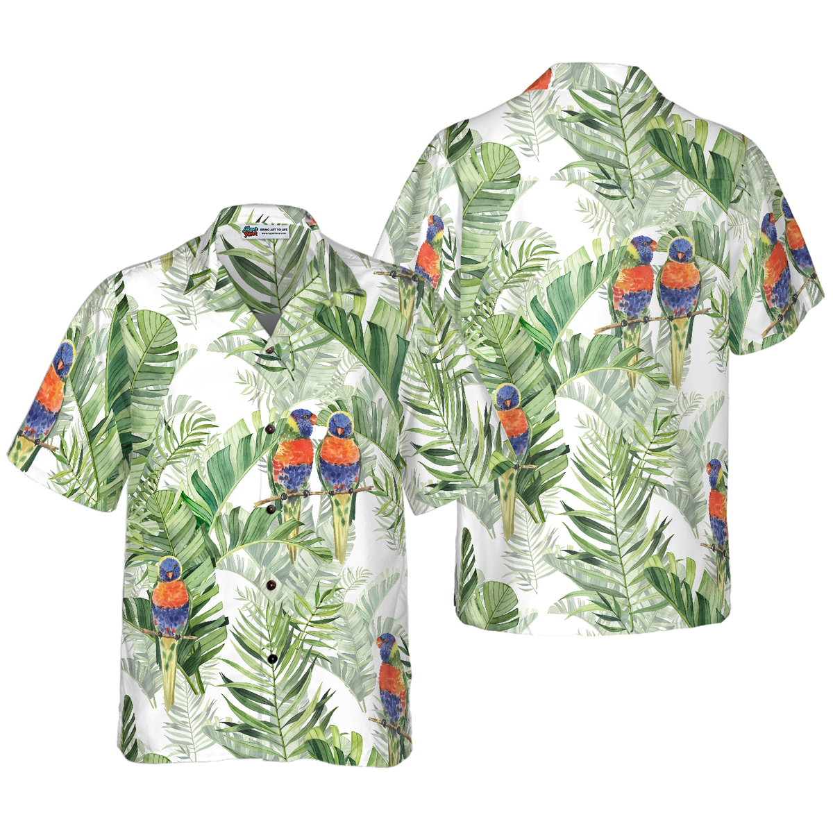 Beautiful Watercolor Parrots In Green Hawaiian Shirt - Hyperfavor