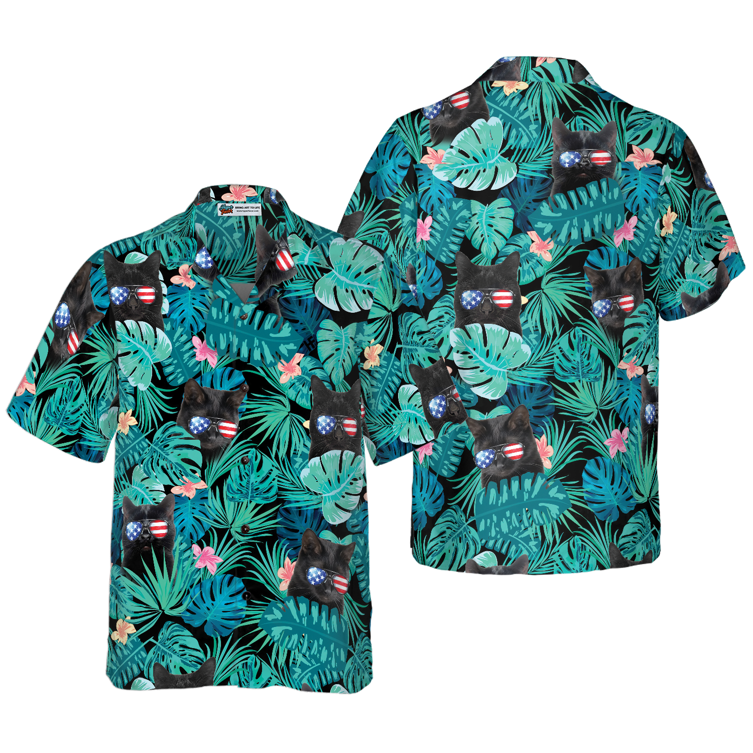 Black Cat Tropical Fourth Of July Hawaiian Shirt - Hyperfavor