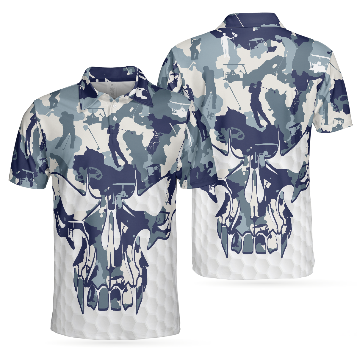 Blue And White Camouflage Golf Set Short Sleeve Skull Golf Polo Shirt, Best Camo Golf Shirt For Men - Hyperfavor