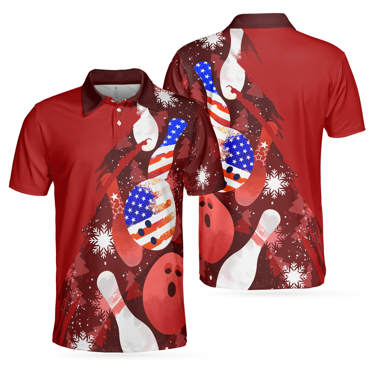 American Flag Christmas Bowling Ball and Pins Mens Polo Shirts - Hyperfavor