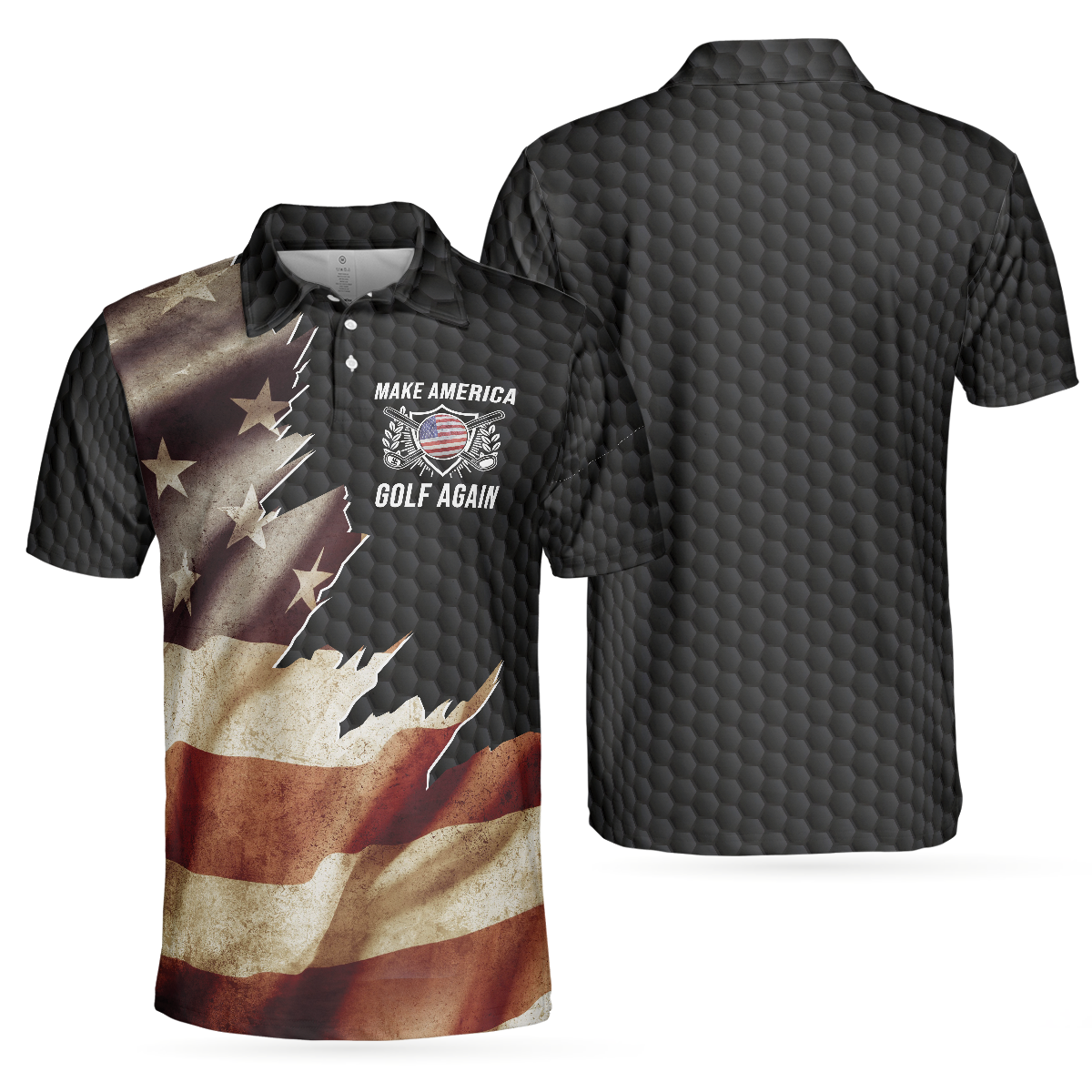 Make America Golf Again Custom Polo Shirt, Personalized Black Hornet Nest Pattern American Flag Golf Shirt For Men - Hyperfavor