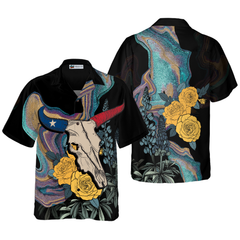 Artistic Longhorn Skull Texas Hawaiian Shirt For Men, Black Royal Gold Rose Shirt, Bluebonnet Proud Texas Shirt For Texans - Hyperfavor