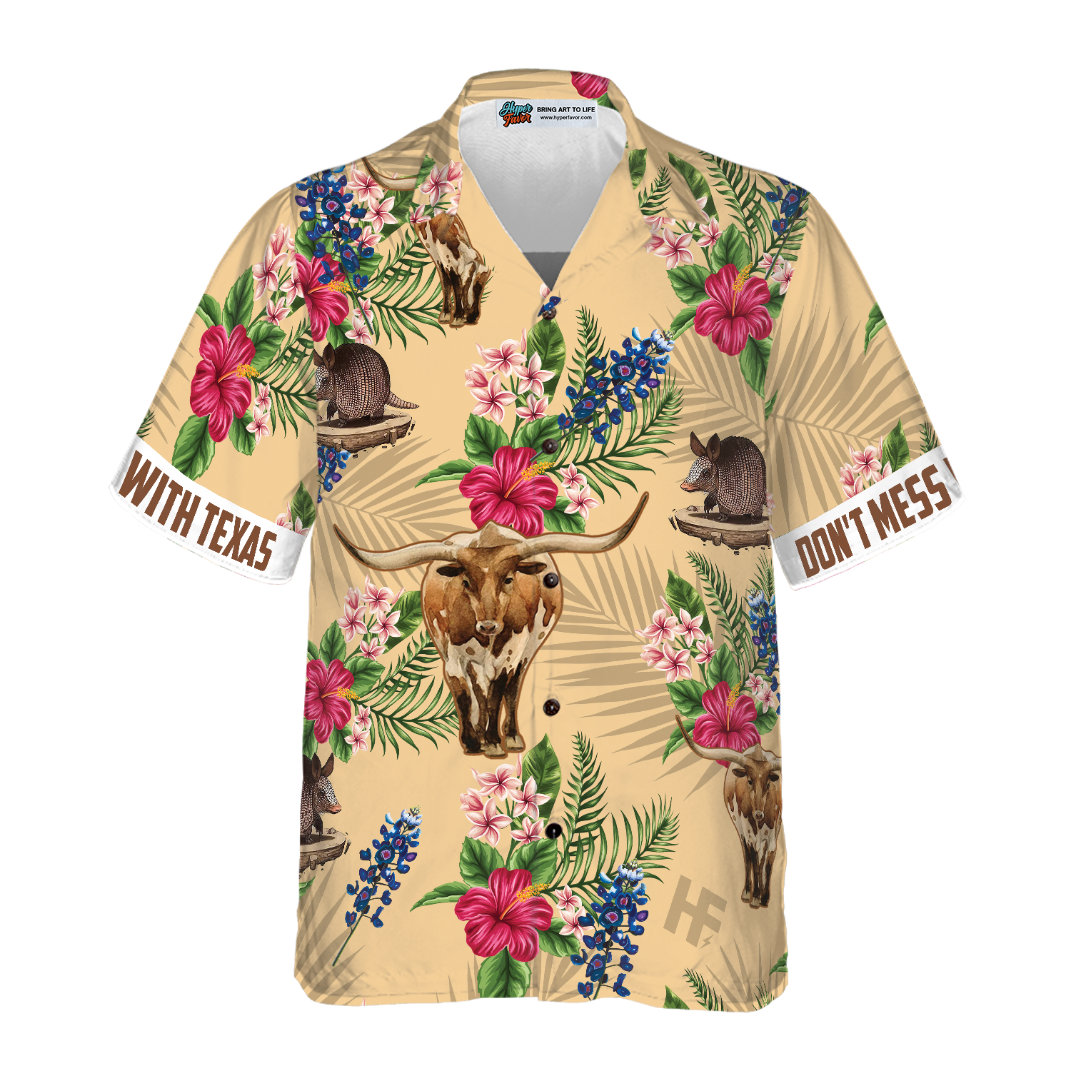 Insignia Bluebonnet Texas Hawaiian Shirt White Back Cream Version, Don't Mess With Texas Armadillo and Longhorn, Texas Home Shirt For Men - Hyperfavor