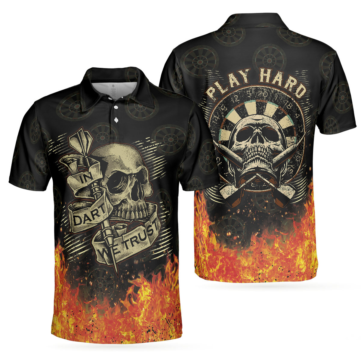 In Dart We Trust Short Sleeve Polo Shirt, Fire Play Hard Skull Polo Shirt, Cool Dart Shirt For Men - Hyperfavor