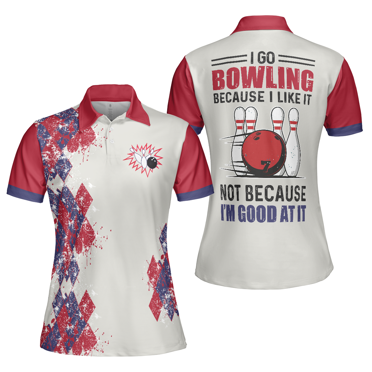 I Go Bowling Because I Like It Short Sleeve Women Polo Shirt, Argyle Pattern Polo Style Bowling Shirt For Ladies - Hyperfavor