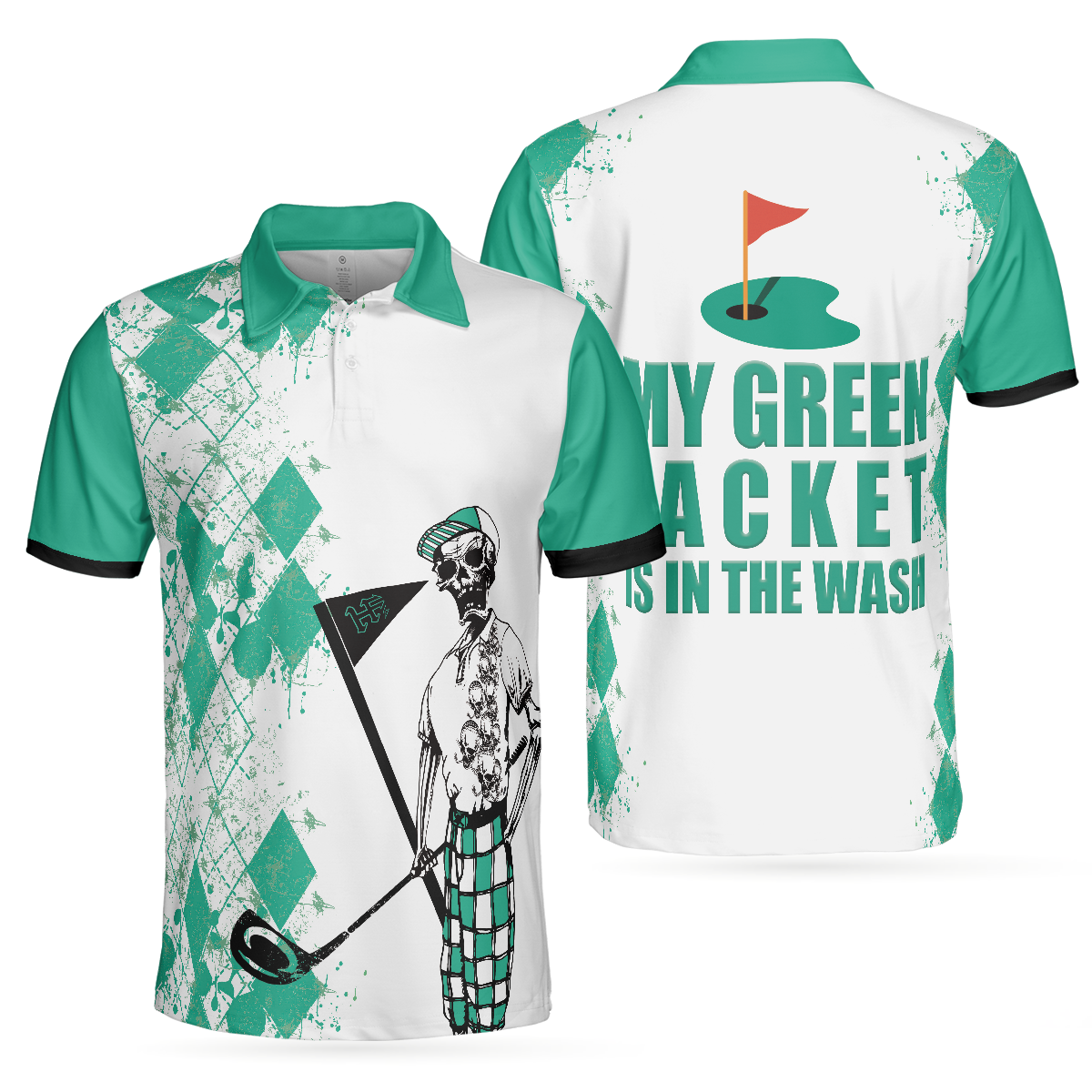 My Green Jacket Is In The Wash Polo Shirt, Cyan Argyle Pattern Skeleton Golfer Golf Shirt For Men - Hyperfavor