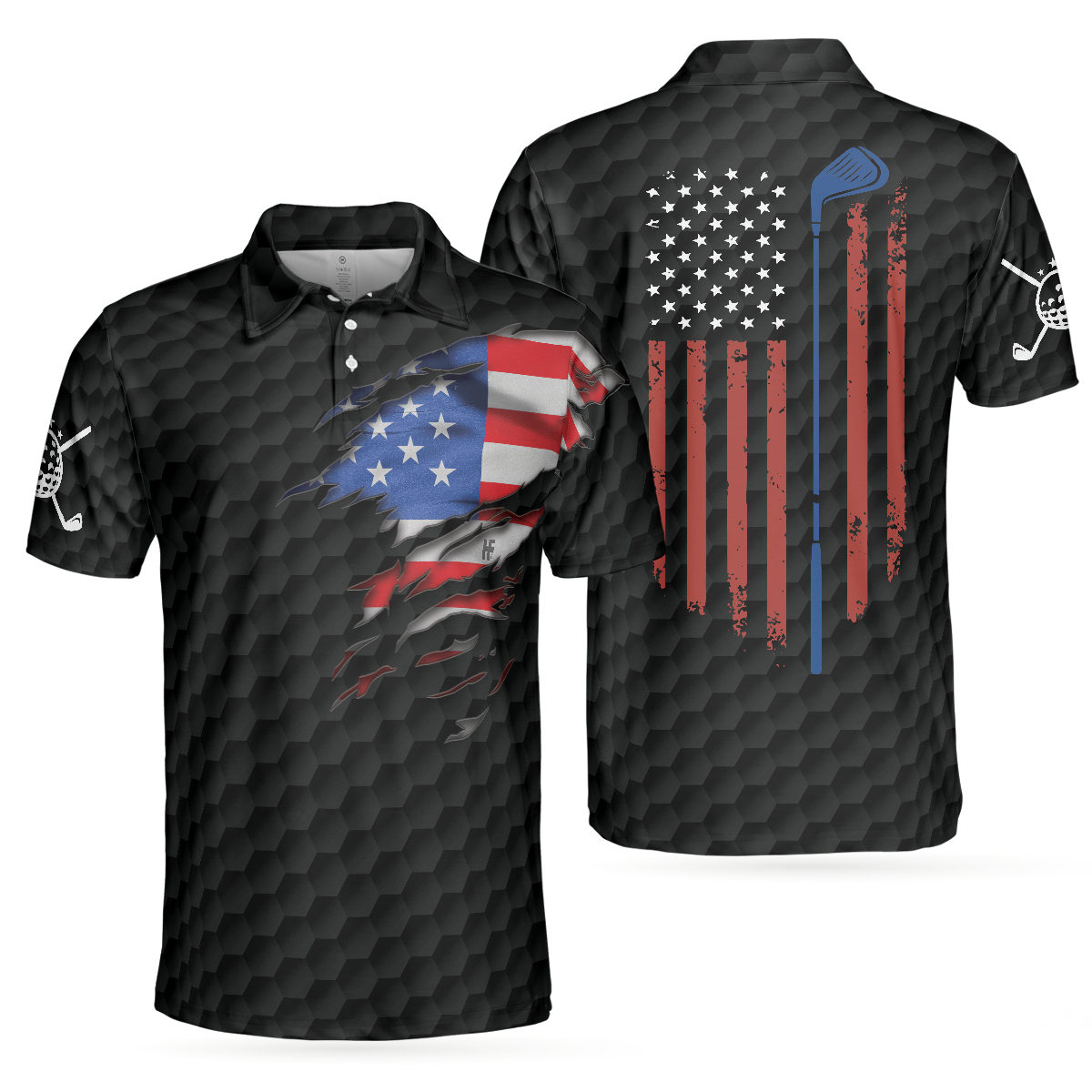 American Flag Teared Golf Pattern Golf Polo Shirt, Best Golfing Shirt Design For Patriotic Golfers - Hyperfavor