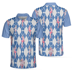 Blue Hot Golf Short Sleeve Polo Shirt, Argyle Pattern Fun Golf Shirt For Men - Hyperfavor