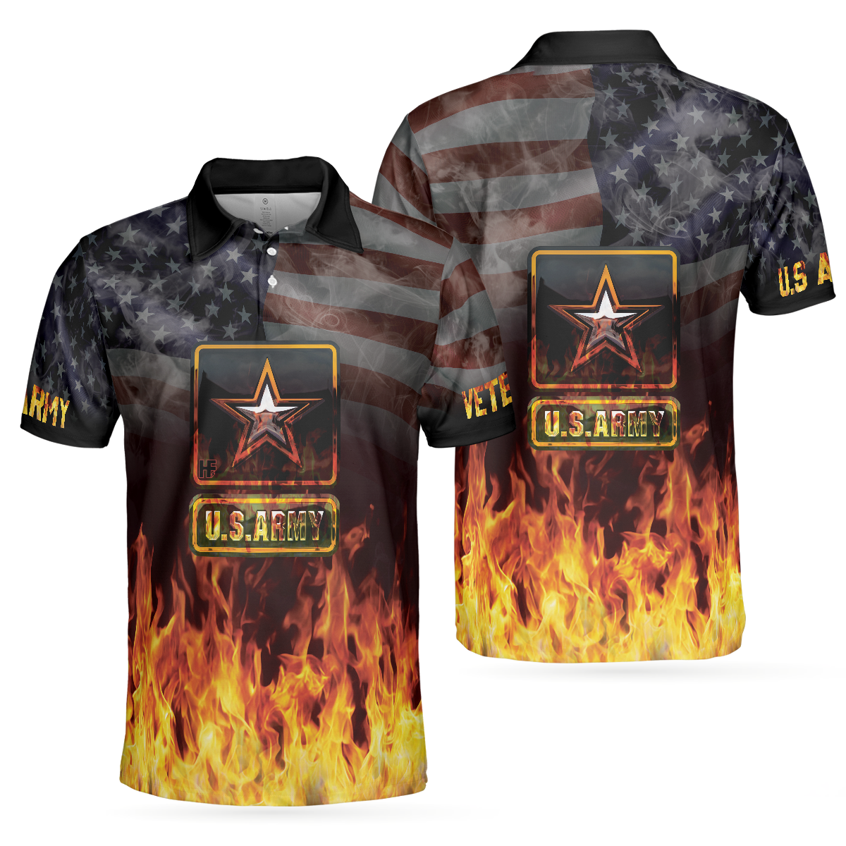 US Army Veteran And Flame Polo Shirt, American Flag Veteran Shirt For Retired Veterans, Flame Veteran Shirt - Hyperfavor