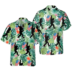 Bigfoot Tropical Hold USA Flag Bigfoot Hawaiian Shirt, Floral American Flag Bigfoot Shirt For Men - Hyperfavor