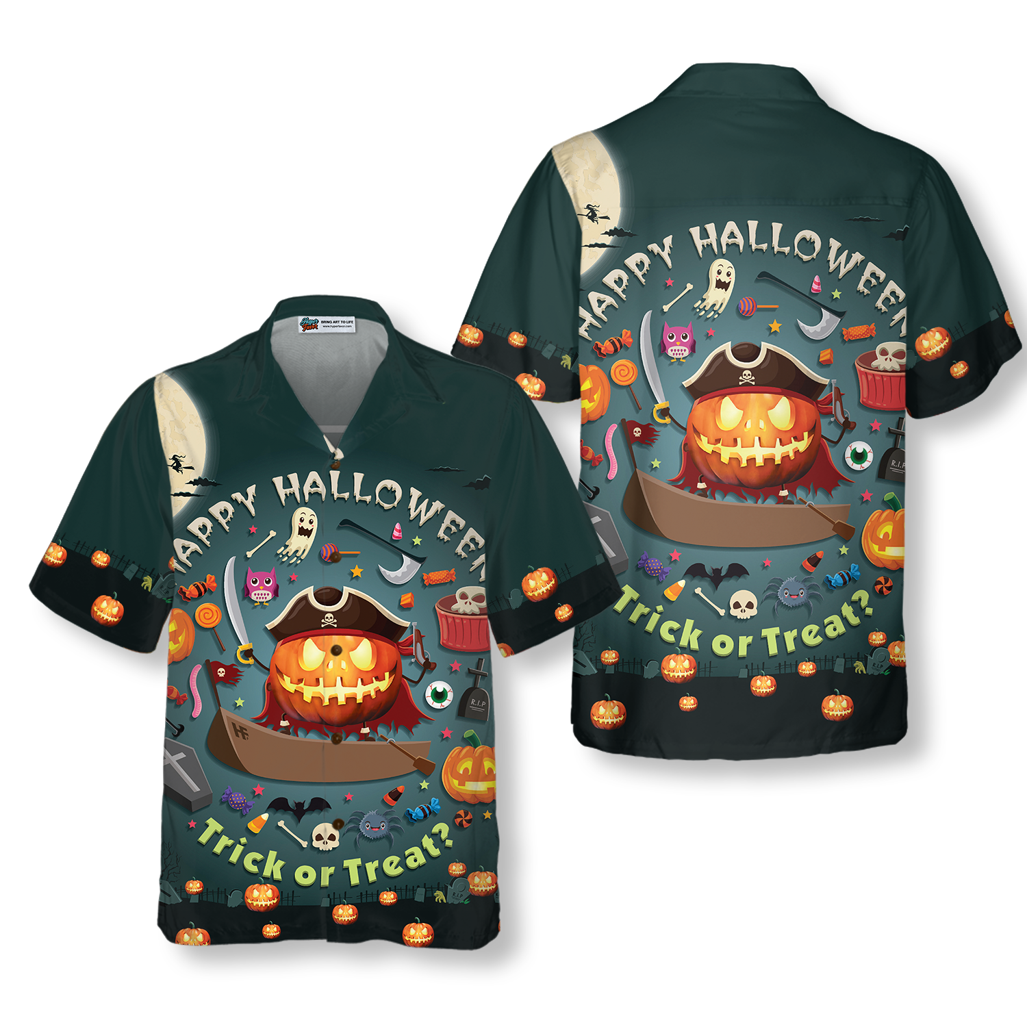 Halloween Pumpkin Pirate Halloween Hawaiian Shirt, Trick Or Treat Candy Cute Jack-o'-lantern Hawaiian Shirt - Hyperfavor