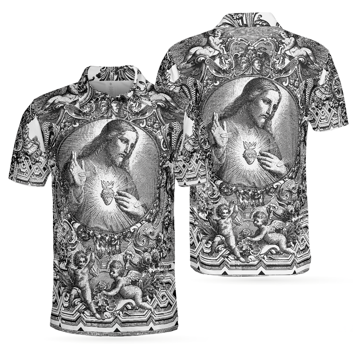 Jesus Christ Vintage Sketch Art Christian Polo Shirt, Black And White Christian Shirt For Men - Hyperfavor