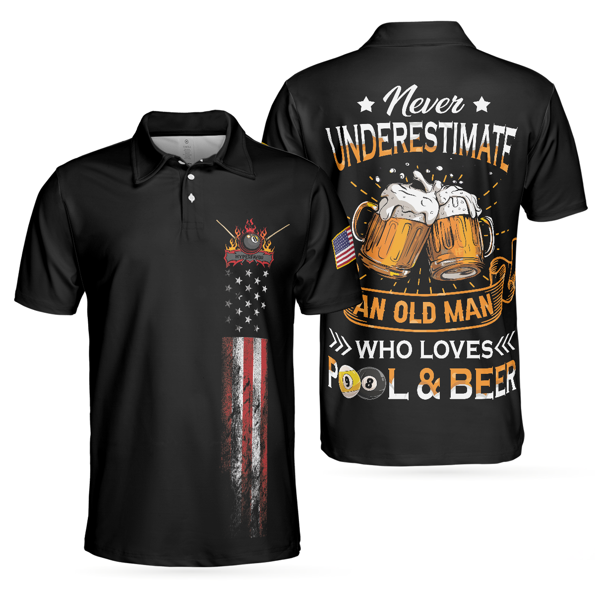 Never Underestimate An Old Man Who Loves Pool And Beer Polo Shirt, Black American Flag Billiards Shirt For Men - Hyperfavor