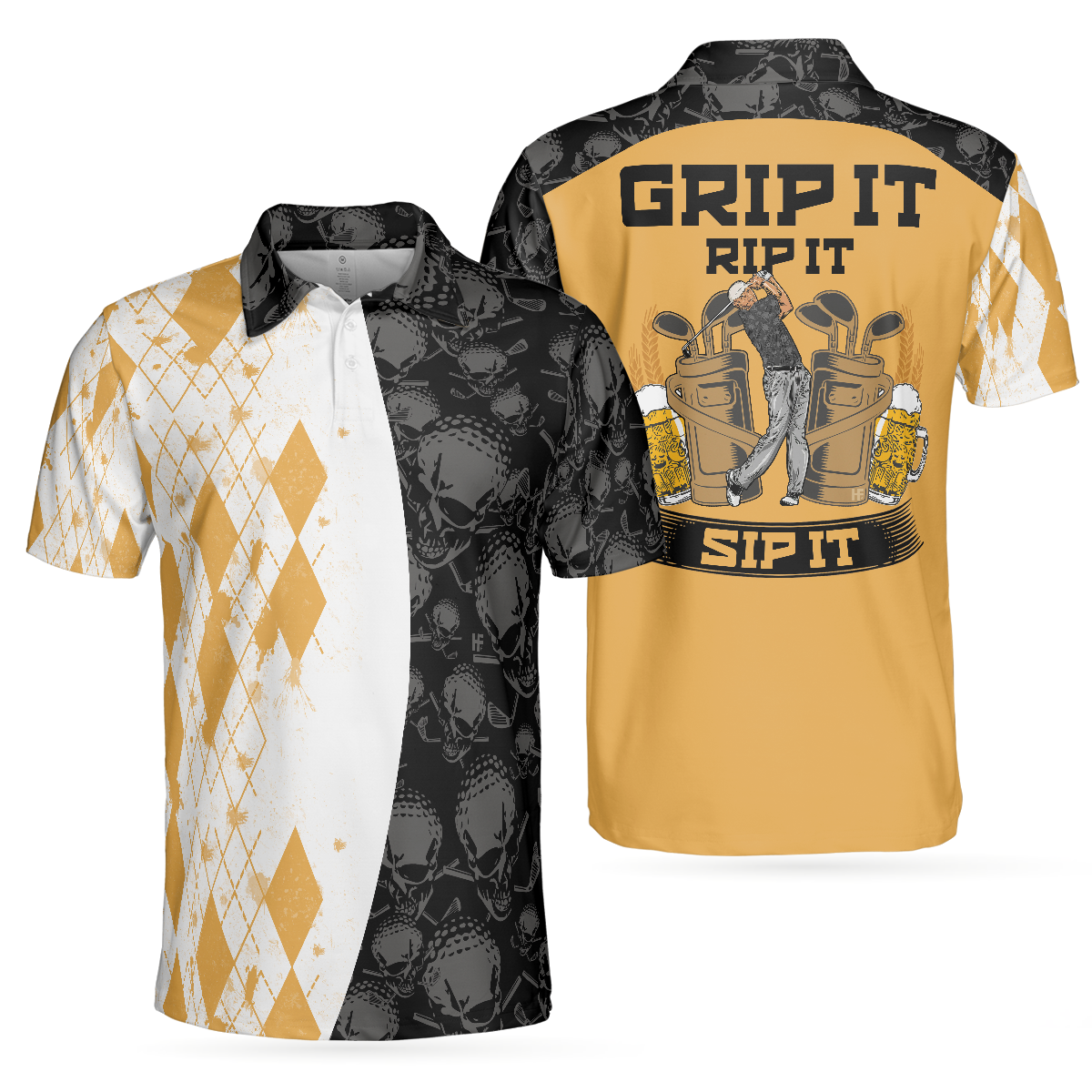 Grip It Rip It Sip It Golf V2 Polo Shirt, Yellow Argyle Pattern Golf Shirt, Skull Golf Shirt Design - Hyperfavor