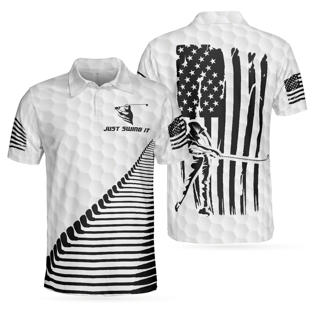 Just Swing It American Golfer Polo Shirt, Black And White American Flag Golf Shirt For Men - Hyperfavor