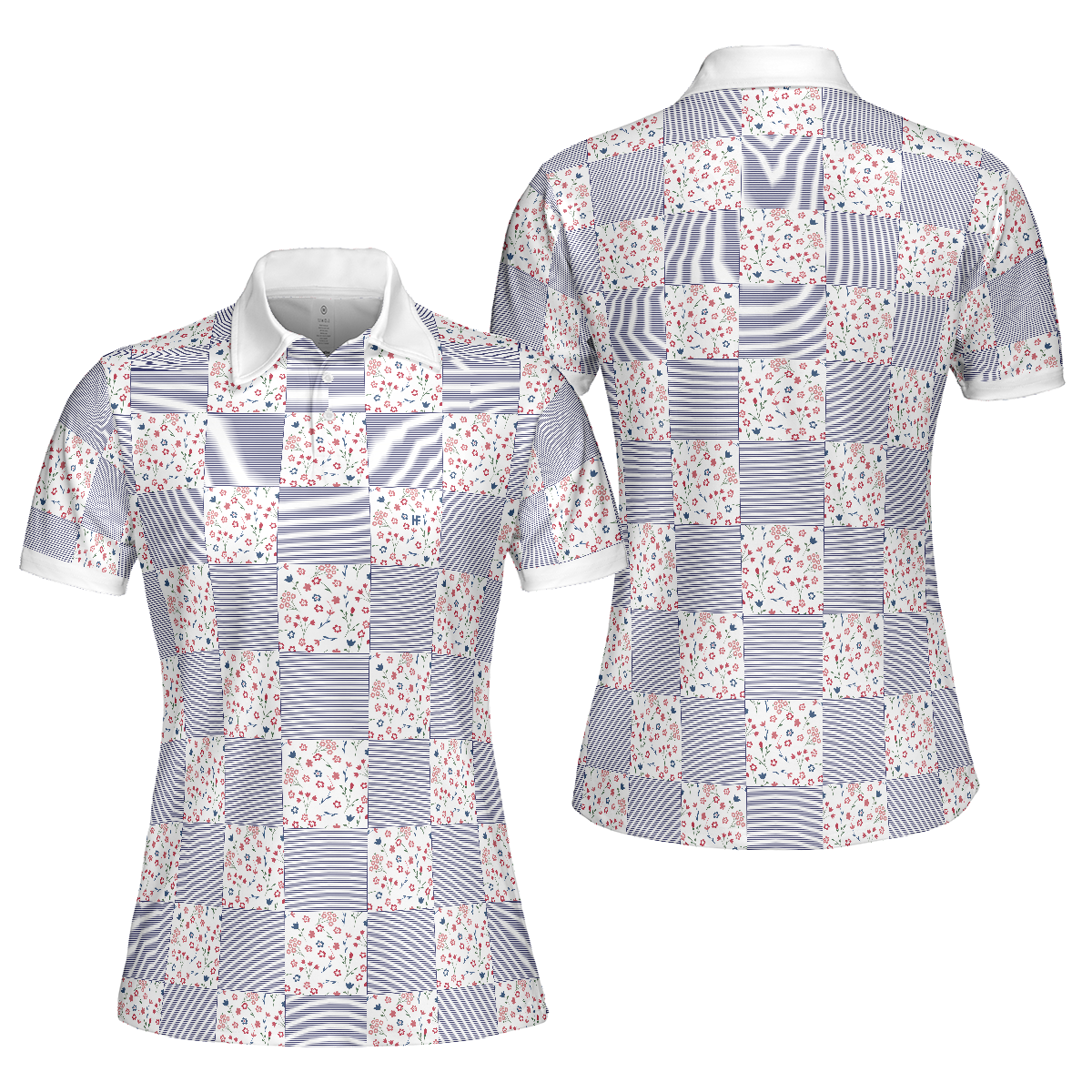 Little Flowers Blue Pink Plaid Short Sleeve Women Polo Shirt - Hyperfavor