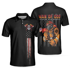 Man Of God Flag Firefighter Polo Shirt, Skull Firefighter American Flag Polo Shirt, Firefighter Shirt For Men - Hyperfavor