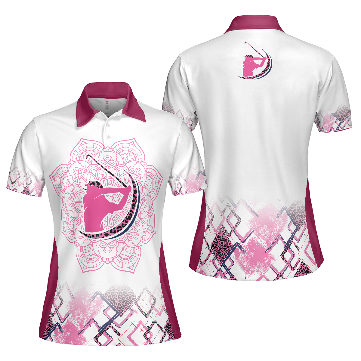 Leopard Mandala Pattern Thinning Layout Pink Girl Golf Short Sleeve Women Polo Shirt, Best Golf Shirt For Ladies - Hyperfavor