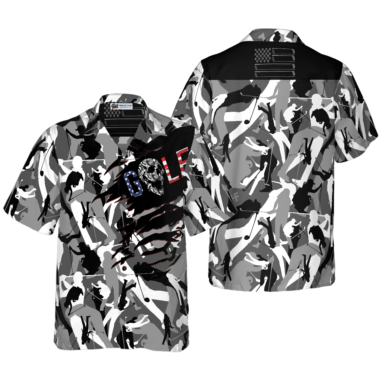 Tattered BnW Camouflage Golf Hawaiian Shirt - Hyperfavor