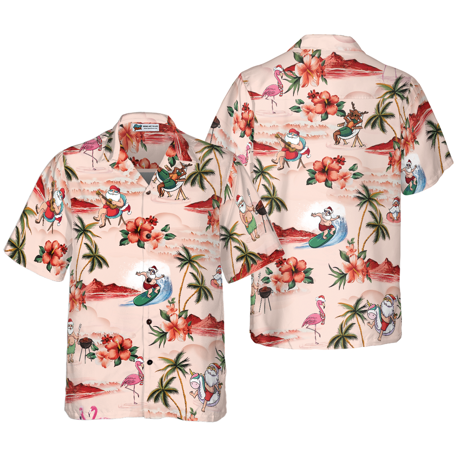 Hyperfavor Christmas Hawaiian Shirts For Men and Women, Santa Beach Christmas Pattern Hawaiian Shirt Button Down Shirt Short Sleeve - Hyperfavor