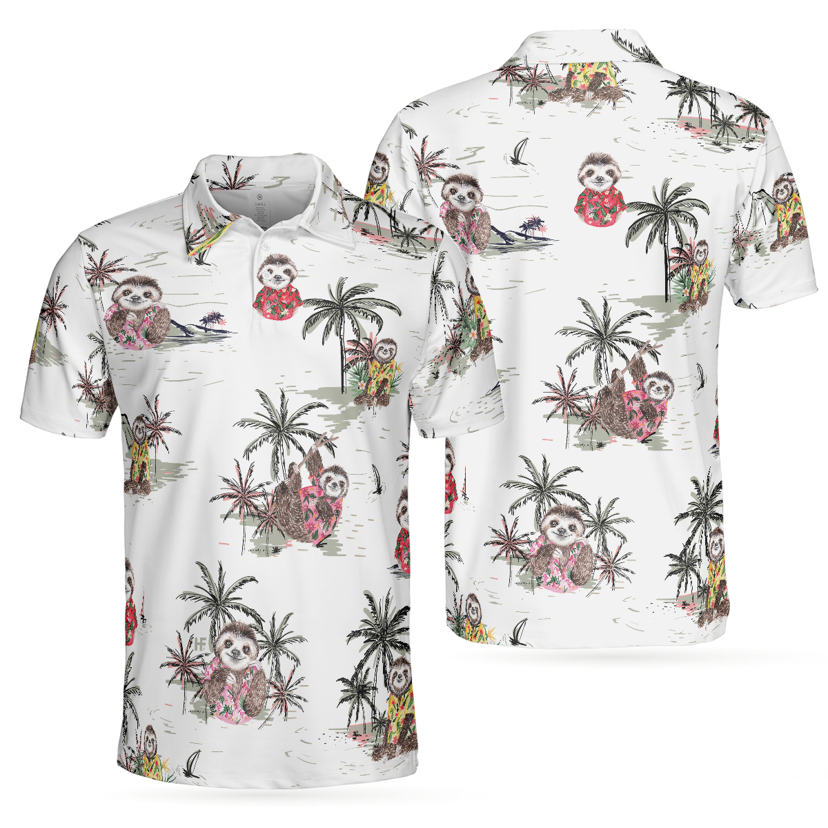 Cute Sloth With Tropical Plants Polo Shirt, White Tropical Sloth Shirt For Men And Women, Sloth Summer Shirt Design - Hyperfavor