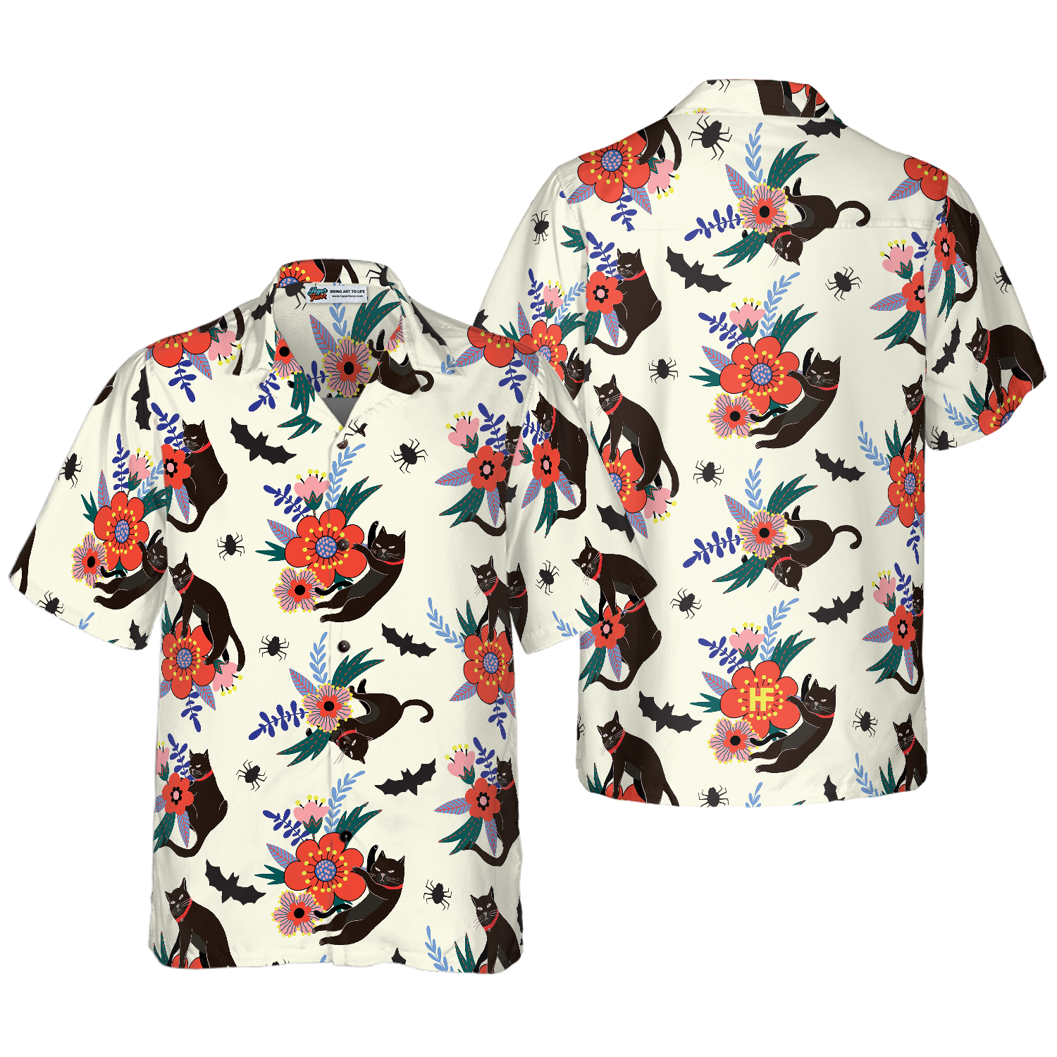 Black Bats And Cats Hawaiian Shirt - Hyperfavor