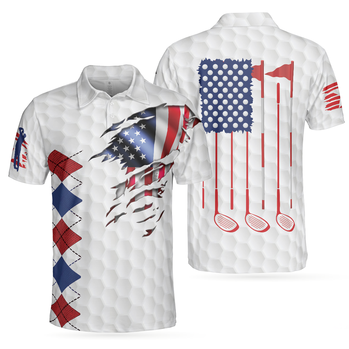 Golf American Flag Argyle Polo Shirt, White Golf Texture American Flag Polo Shirt, Patriotic Golf Shirt For Men - Hyperfavor