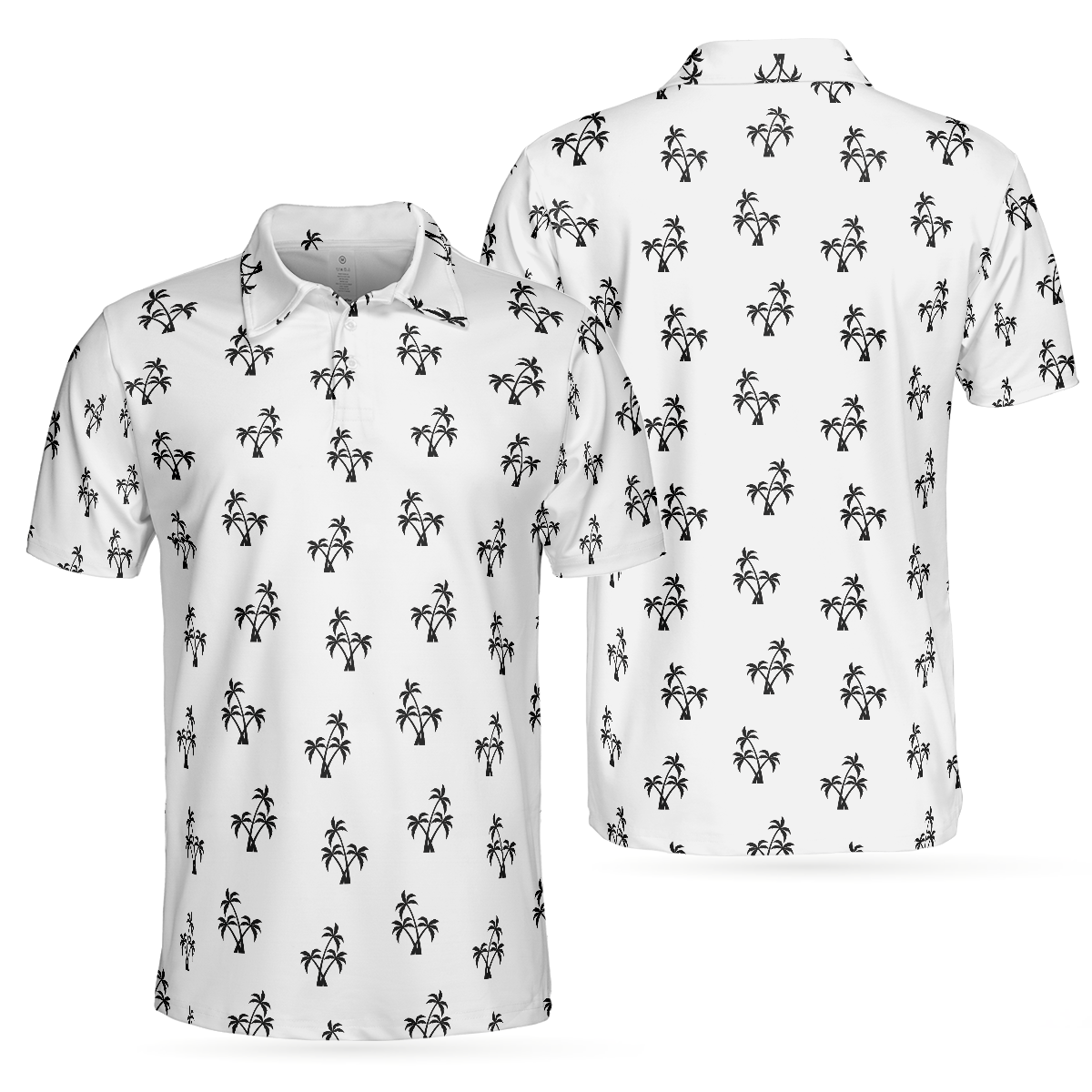 Palm Trees Pattern Short Sleeve Polo Shirt, Minimalist Black And White Tropical Shirt For Men - Hyperfavor