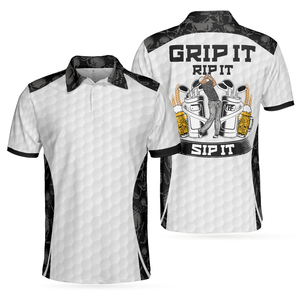 Grip It Rip It Sip It Golf White Polo Shirt, Skull Pattern Shirt For Christmas, Scary Gift Idea For Golfers - Hyperfavor