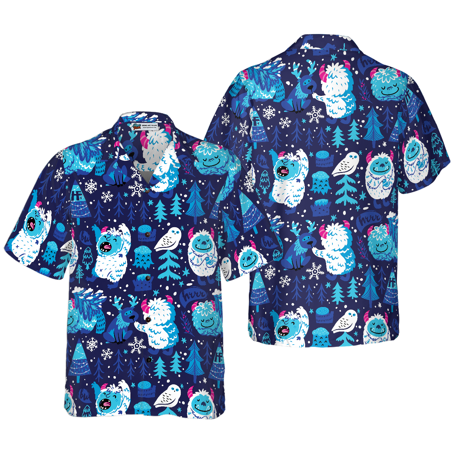 White Bigfoot Winter Forrest Bigfoot Hawaiian Shirt, Snow Owl And Tree Bigfoot Shirt For Men - Hyperfavor