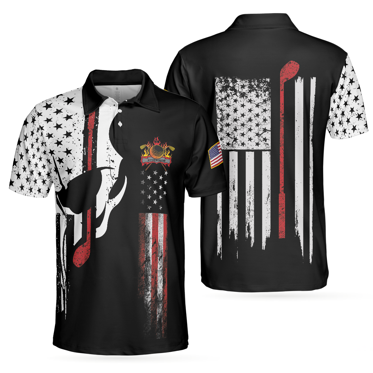 Skull American Flag With Golf Club Polo Shirt, Black And White American Flag Polo Shirt, Patriotic Golf Shirt For Men - Hyperfavor