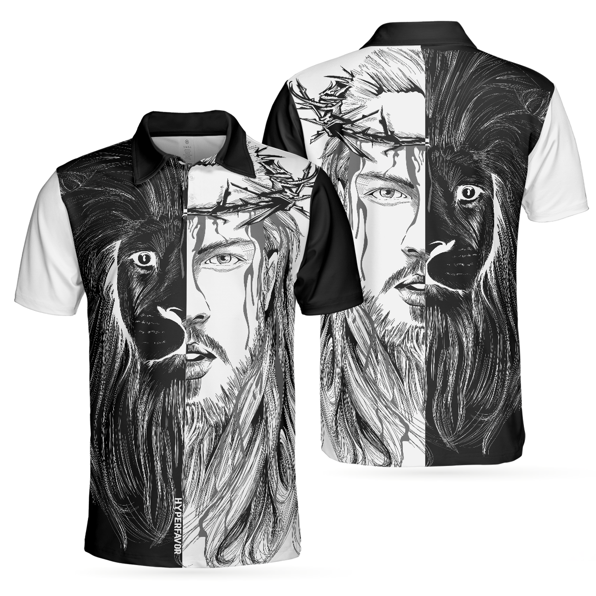 Jesus Christ Lion Contrast Art Christian Polo Shirt, Black And White Christian Shirt For Men - Hyperfavor