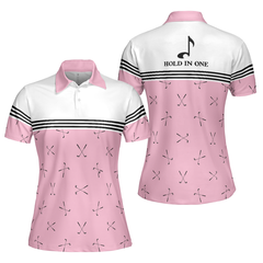 Hole In One Pink Golf Short Sleeve Women Polo Shirt, Golf Club Repeat Pattern Golfing Shirt, Pink Shirt For Women - Hyperfavor