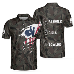 Hand Instruction American Flag Camouflage Bowling Polo Shirt, Camo Bowling Shirt For Men - Hyperfavor