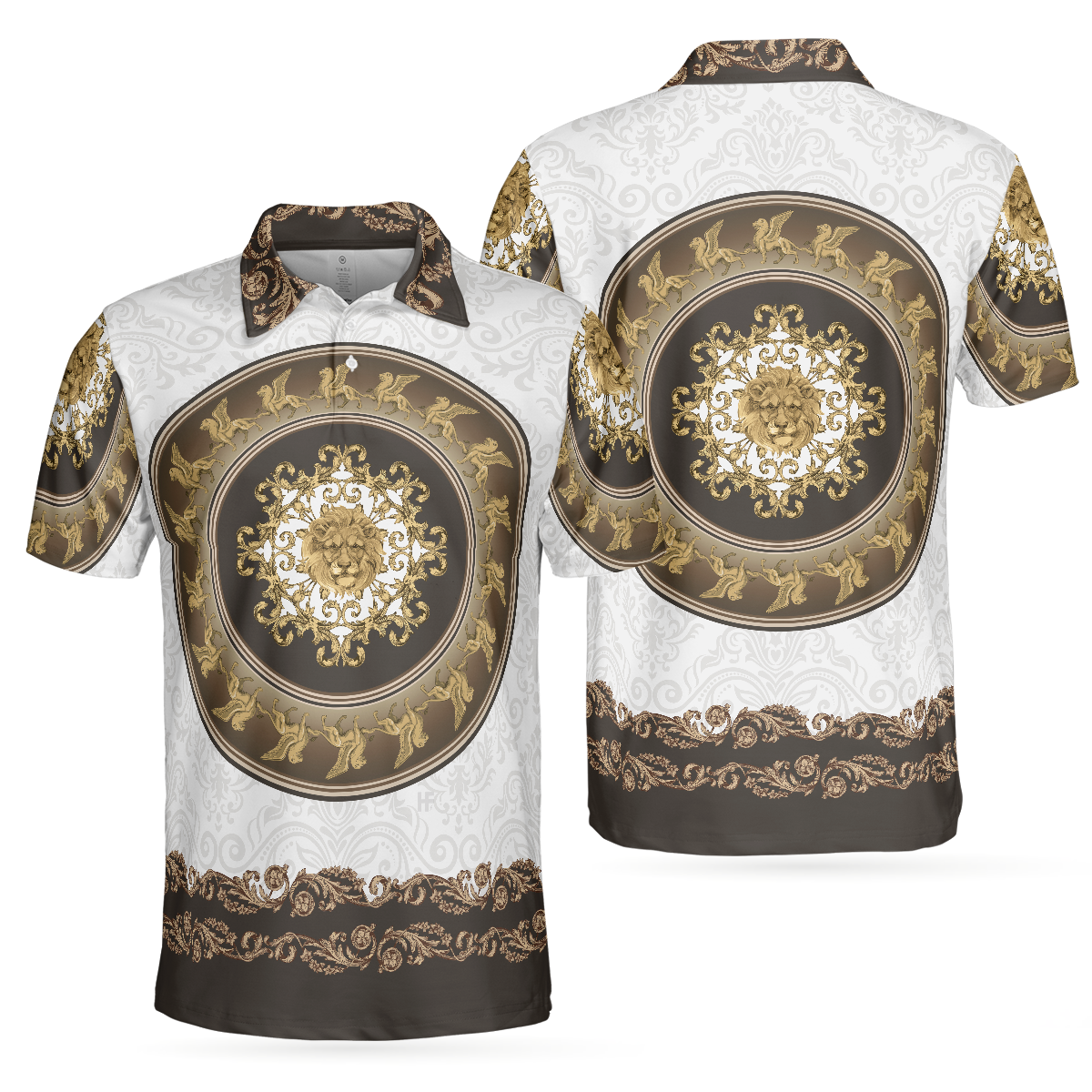 Lion Of Saint Mark Vintage Style Polo Shirt, Luxury Golden Baroque Pattern Polo Shirt For Men - Hyperfavor