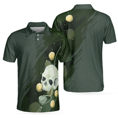 Water Color Golf Skull with Golf Ball Short Sleeve Polo Shirt, Dark Green Golf Shirt For Men - Hyperfavor