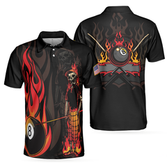 Mr Bones 8 Ball American Flag Billiards Skull Short Sleeve Polo Shirt, Cool Skeleton Billiards Shirt For Men - Hyperfavor