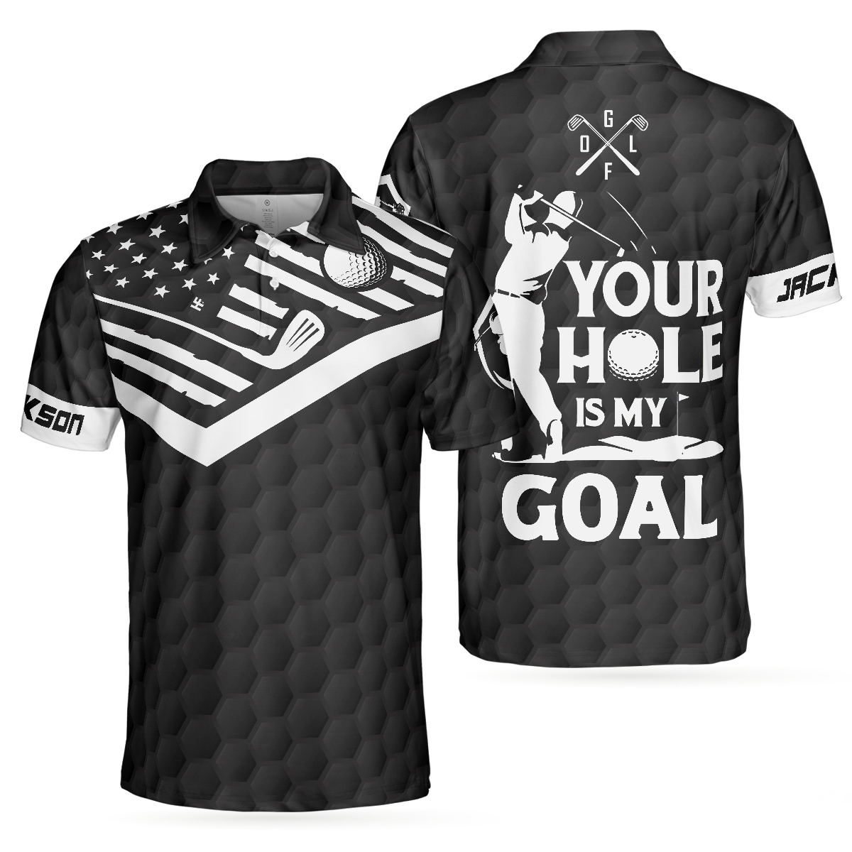 Your Hole Is My Goal Custom Polo Shirt, Personalized Black American Flag Golf Shirt For Men - Hyperfavor