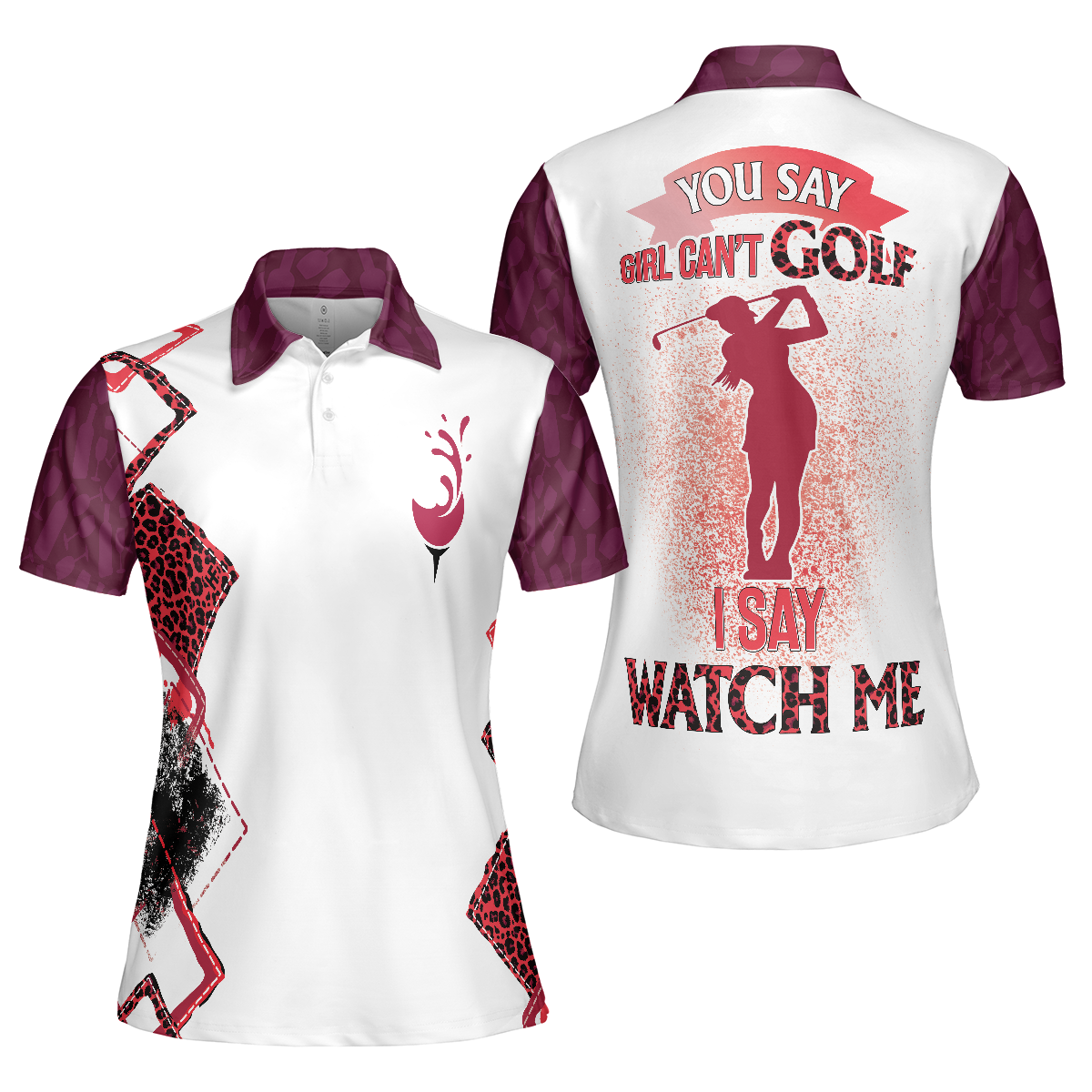 You Say Girl Can't Golf So Watch Me Leopard Golf Short Sleeve Women Polo Shirt, Plum Purple Wine Drinking Golf Shirt For Ladies - Hyperfavor