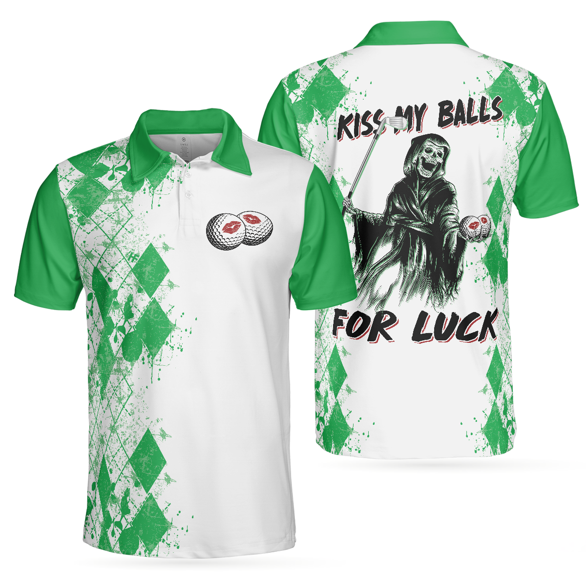 Golf Kiss My Balls Polo Shirt, Green Argyle Pattern Golf Shirt Design, Scary Halloween Golf Gift For Golfers - Hyperfavor