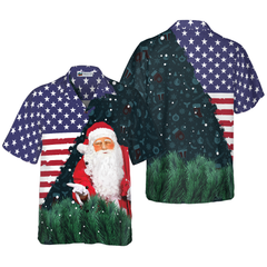 Hyperfavor Christmas Hawaiian Shirts, Santa USA Flag Pattern Shirt Short Sleeve, Christmas Shirt Idea Gift For Men And Women - Hyperfavor